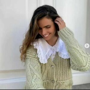 New Zara Green Snowflake Rhinestone Patchwork Jeweled4Button Cable Knit Cardigan